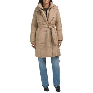 ANNE KLEIN Khaki Long Belted Stretch Puffer Jacket With Bib